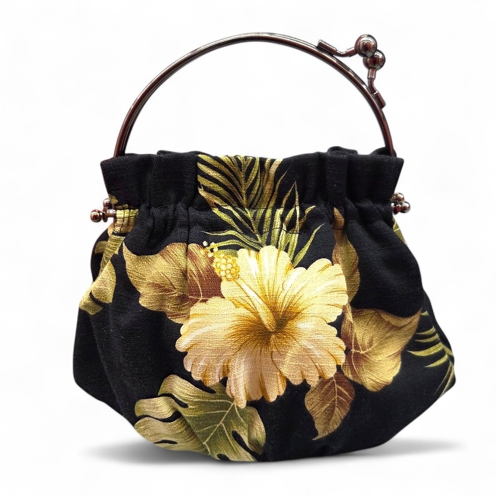 Vtg aBBa Black Golden Yellow Hibiscus Bag Kisslock Round Handle Hawaii '80s EUC - Picture 2 of 13